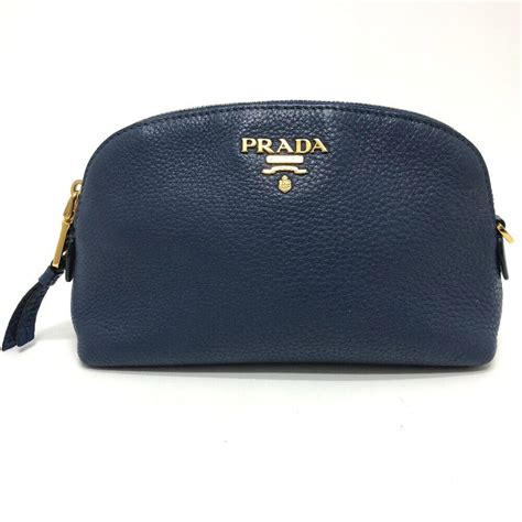 PRADA 1ND005 logo Cosmetics Pouch Leather blue 